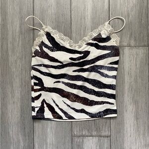 Bear Dance Zebra Print Lace Trim Cropped Cami Top Black & White